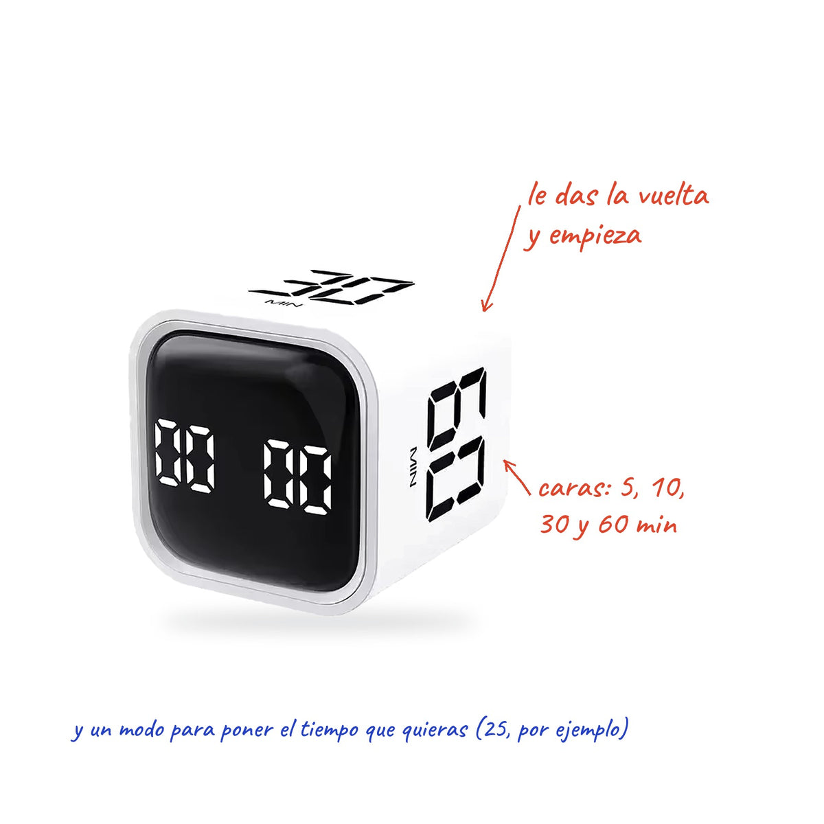 Flip con notas: caras de 5, 10, 30 y 60 minutos y modo personalizado