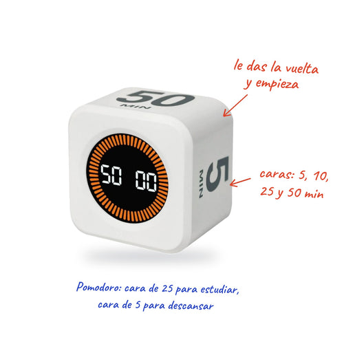Flip con notas: le das la vuelta y empieza; caras de 5, 10, 25 y 50 minutos